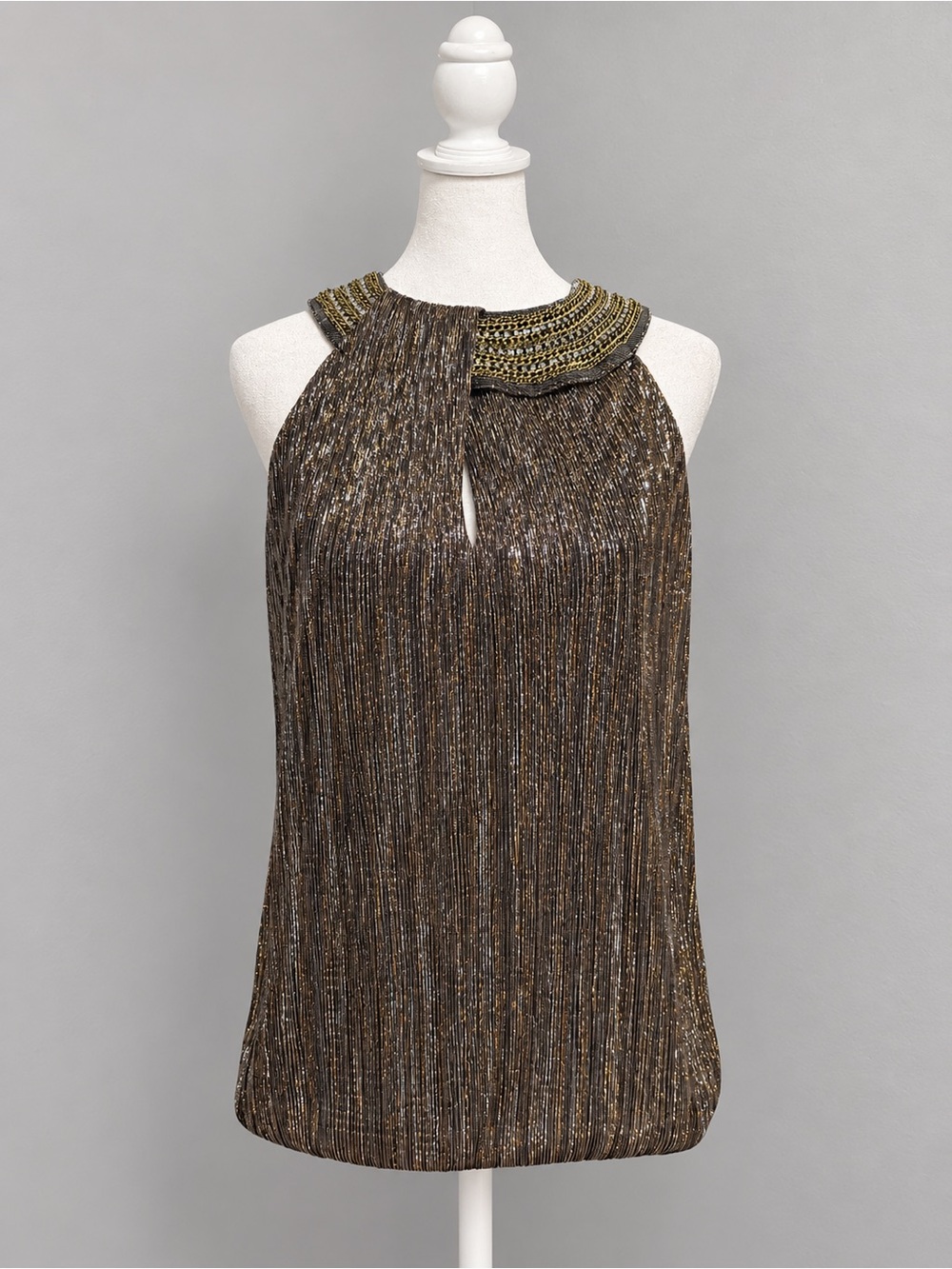 Alfani Women’s M Black Gold Silver Metallic Pleated Embellished Keyhole Party